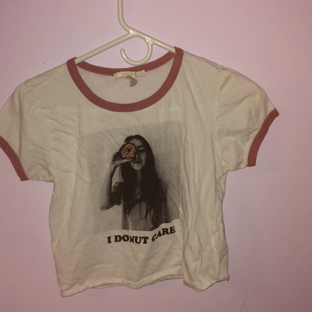 Forever21 white croptop "I DONUT CARE"
